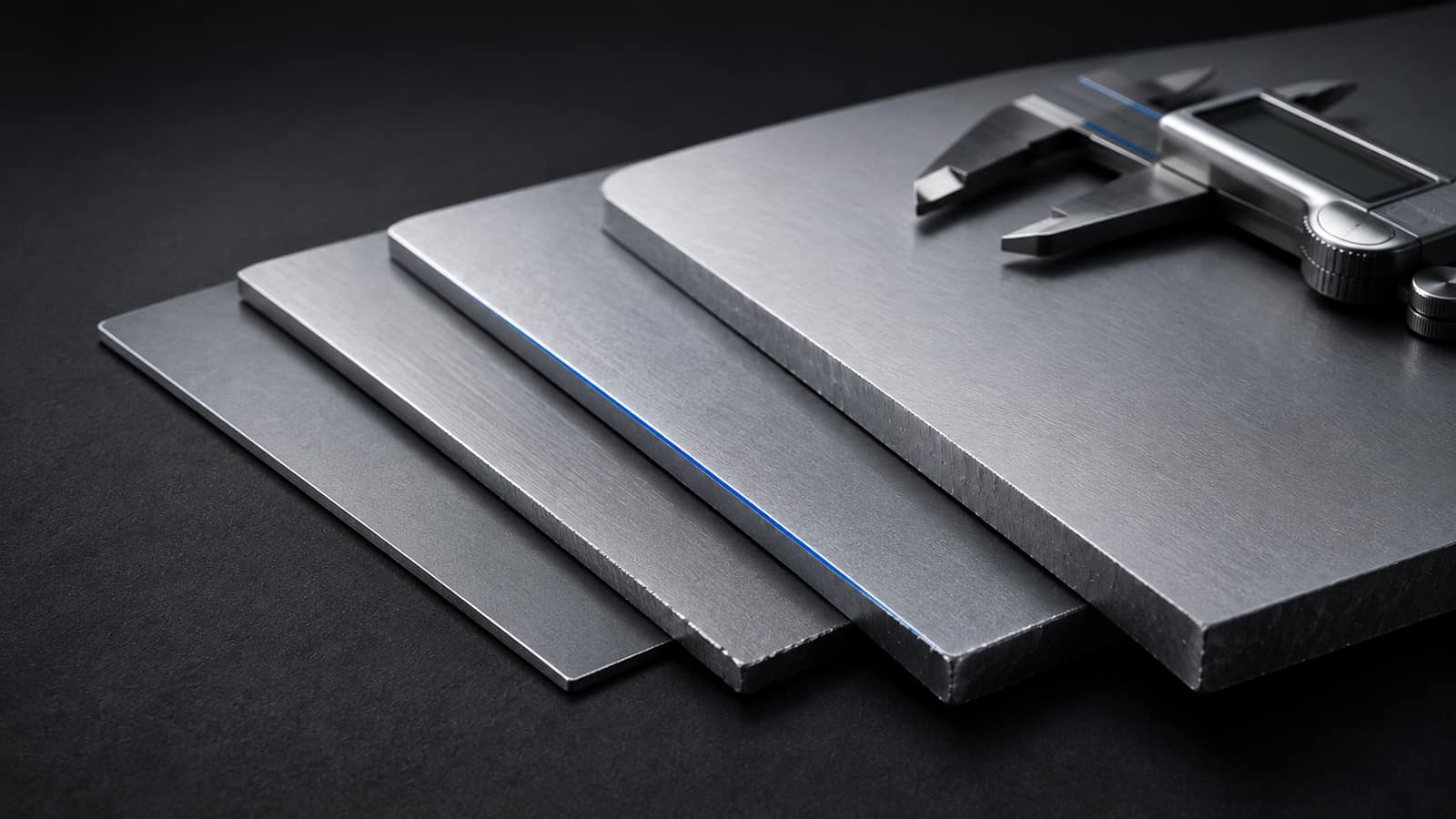 Four steel sheets of increasing thickness fanned out on a dark bench, with a digital caliper resting across the thickest.